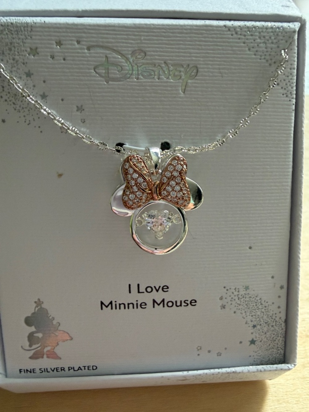 Disney Minnie Mouse Silver Necklace with Rose Gold Bow and Crystals